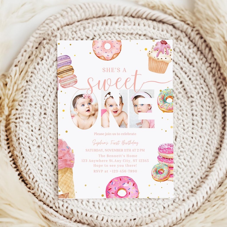 May include: A pink and white first birthday party invitation with a donut theme. The invitation features a photo of a baby girl and the text "She's a sweet one".