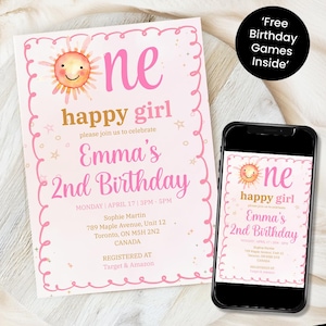 One Happy Girl Birthday Invite, Editing Sunshine Invitation, Sunshine Girl 1st Birthday Invitation, One Happy Girl 1st Birthday Invitation