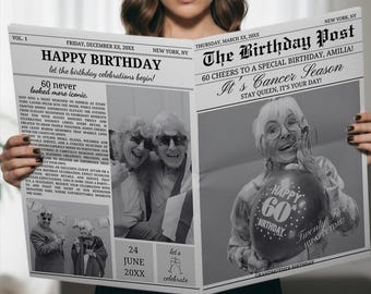 Große Geburtstag Zeitungsvorlage, Meilenstein 60. Geburtstag Ankündigung, Vintage Newsletter Party Dekor