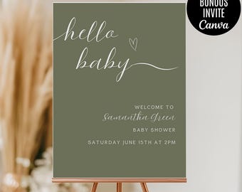 Sage Green Minimalist Baby Shower Welcome Sign, Gender Neutral Baby Shower Sign Template, Hello Baby Sign, Editable Canva, Printable Sign