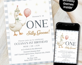 One Silly Goose Birthday Invitation Template, Goose 1st Birthday, Editable Goose Invitation, Boy 1st Birthday Green Invite Canva