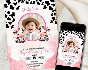 Holy Cow Birthday Invitation Template, photo invite, Editable Holy Cow Birthday Invitation, Cowgirl Invitation, Holy Cow invitation
