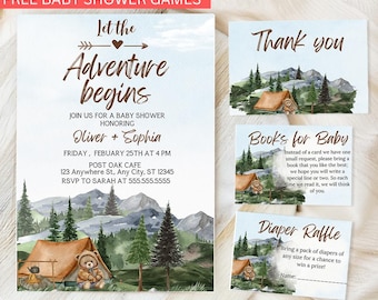 Let the Adventure Begin Baby Shower Invitation Bundle, Adventure Awaits Editable Invitation Suite Camping Themed Baby Shower Printable