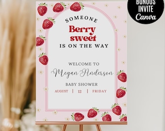 Strawberry Baby Shower Welcome Sign Template, Berry Sweet Baby Editable Welcome Signage, Printable Welcome Sign, Fruit Baby Shower