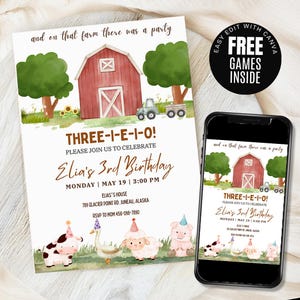 Farm Birthday Invitation Three-I-E-I-O Farm Invite 5th Birthday Tractor Farm Animal Theme Farm Invite Canva Template Download