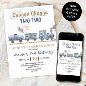 Chugga Chugga Two Two Birthday Invitation, Train Second Birthday Printable Invite, All Aboard Boys Birthday Invite, Birthday Evite