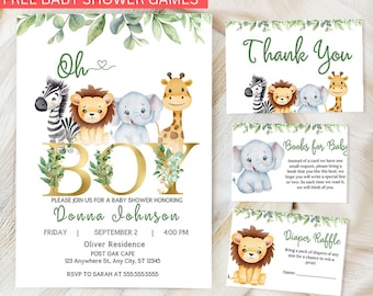 Ensemble d'invitations modifiable pour baby shower Oh Boy Safari, lot d'invitations pour baby shower dans la jungle, modèle d'invitation animaux de safari dans la verdure de la jungle