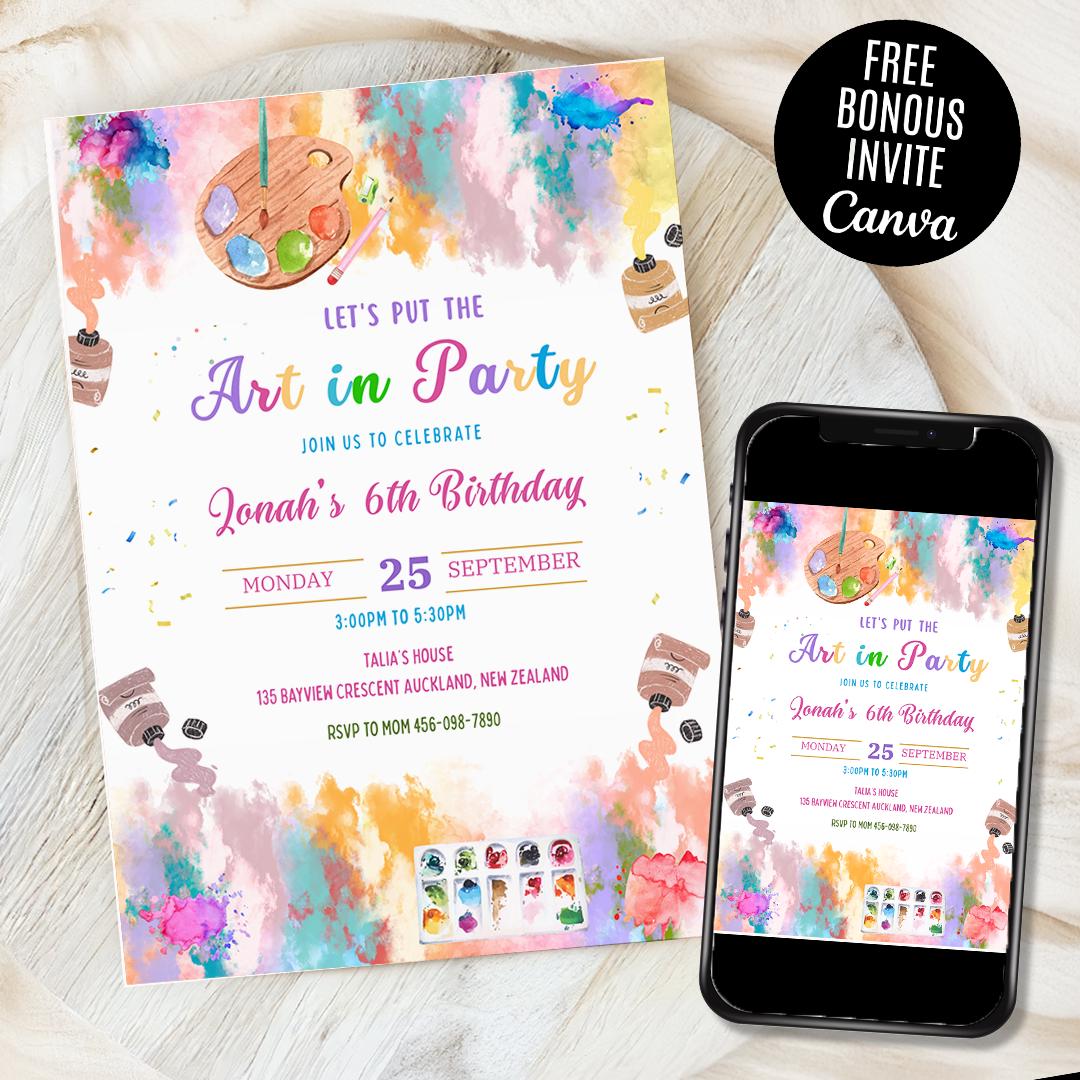 Art Birthday Party Invitation Painting Party Invite Canvas Craft Party Rainbow Pastel Colorful Crayon Brush Digital Editable Download