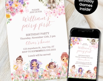 Fee Erste Geburtstagseinladung Vorlage Verzauberte Wunderliche Garten Wald Mädchen einladen Blumen Magische Prinzessin Party Sofort Download Canva