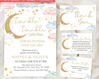 Twinkle Twinkle Little Star Gender Reveal Invitation Bundle Template, Pink and Blue Moon Stars Clouds Invite, He Or She, Boy Or Girl Invite