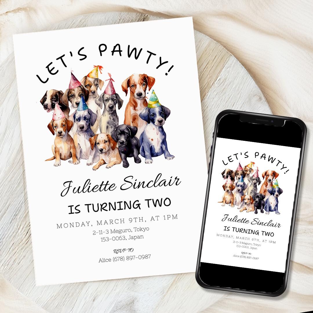 Pink Girl Dog Birthday Invitation, Puppy Party Invite, Lets Pawty ...