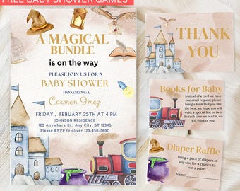 Wizard Baby Shower Bundle, A Magical Bundle Baby Shower Invitation, Magic School Party Decor Set, Wizarding Baby Shower Bundle Template