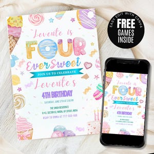 Faire-part d'anniversaire quatre jamais doux, Invitation d'anniversaire quatre jamais doux, 4e anniversaire d'invitation, invitation de bonbons, modèle modifiable