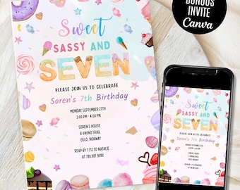 Sweet Sassy and Seven Geburtstagseinladung, 7. Geburtstag Mädchen einladen, Sweet Seven Geburtstagseinladung, Candy Sweets Donut, Canva Vorlage