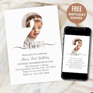 Bearbeitbare 2. Geburtstagsfotoeinladung, minimale Geburtstagseinladungsvorlage, Jungen-Mädchen-Geburtstagseinladung, sofortiger Download Canva