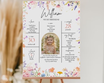 Plakat z okazji pierwszych urodzin z motywem kwiatów polnych, tablica ze statystykami pierwszych urodzin dziewczynki, edytowalny znak z okazji pierwszych urodzin z motywem kwiatów wiosennych, plakat z motywem kamieni milowych do druku