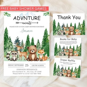 Woodland Baby Shower Invitation Template Bundle, Adventure Awaits baby shower Editable invitations, forest baby shower, Printable