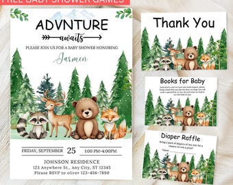 Woodland Baby Shower Invitation Template Bundle, Adventure Awaits baby shower Editable invitations, forest baby shower, Printable