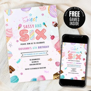 Sweet Sassy and Six Birthday Invitation, Girl 6th Birthday Invitation, Sweet Six Invitation, Pastel Sweets Dessert Donut Candy, Canva