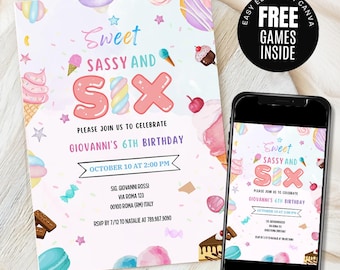 Sweet Sassy and Six Birthday Invitation, Girl 6th Birthday Invitation, Sweet Six Invitation, Pastel Sweets Dessert Donut Candy, Canva
