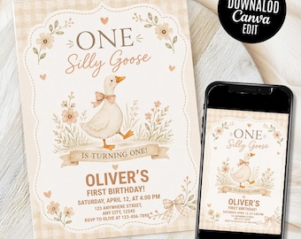 Vintage One Silly Goose First Birthday Invitation, Editable CANVA Template, Preppy Grandmillennial Girl Invite Instant Download