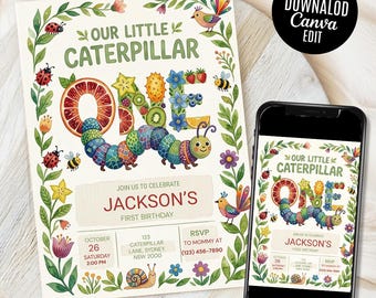 Very Hungry Caterpillar First Birthday Invitation Birthday Party Invite, Editable Canva Template, Instant Download