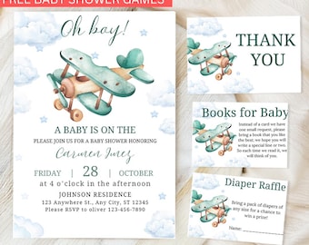 May include: A baby shower invitation with a blue and green airplane illustration. The invitation says "Oh boy!" and "A baby is on the" with the text "Please join us for a baby shower honoring Carmen Jones". The invitation also includes the date, time, and location of the shower.