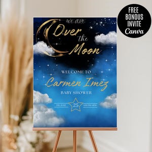 Over the moon Baby Shower Welcome Sign, Welcome sign, baby shower sign, blue Twinkle Little Star baby shower sign,Printable sign,moon shower