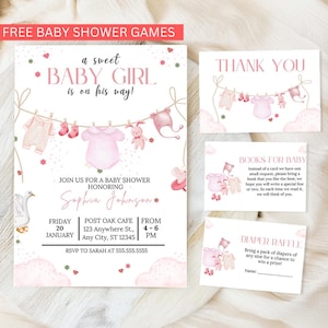 Boho Girl Clothesline Baby Shower Invitation Bundle, Watercolor Blush Pink Baby Clothes, Instant Download