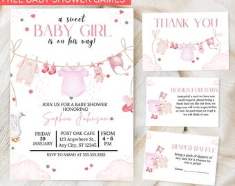 Boho Girl Clothesline Baby Shower Invitation Bundle, Watercolor Blush Pink Baby Clothes, Instant Download