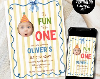 Its Fun To Be One First Birthday Invitation for Girl, Editable Canva Template