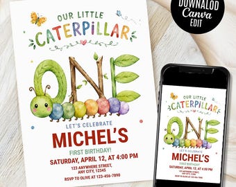 Very Hungry Caterpillar First Birthday Invitation, Hungry Caterpillar Invite, Kid Invitation, Caterpillar Invitation Template