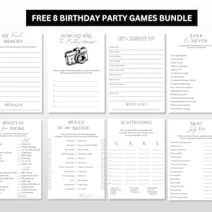 May include: Printable black and white birthday party game cards with titles like "My Favorite Memory", "How Old Was The Birthday Person?", "Let's Celebrate You", "Ever or Never", "What's In Your Phone", "Would He/She Rather", "Scategories", and "Most Likely To".