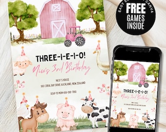Farm Birthday Invitation Three-I-E-I-O Farm Invite 3rd Birthday Tractor Farm Animal Theme Editable Farm Invite Canva Template Download