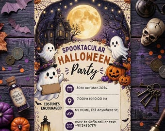 Gruselige Einladung zur Halloween-Party, Einladung zur Geister-Kürbis-Kinderparty, Niedliche Party, Digitale, bearbeitbare Canva-Einladung zum Geburtstag