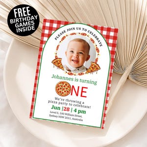 May include: A pizza-themed birthday party invitation with a photo of a smiling baby. The invitation features a red and white checkered border, pizza slice illustrations, and the text "Johannes is turning ONE". Includes party details.