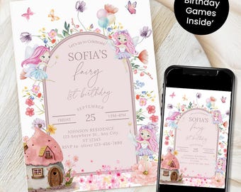 Invitación de primer cumpleaños de hada para niña, invitación de primer cumpleaños de hada de arco bohemio, invitación de hada de jardín encantado, editable, para cumpleaños de niña, evite