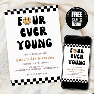 Modello di invito per il quarto compleanno, "Four Ever Young", compleanno con faccina sorridente, quarto compleanno di un bambino, sorriso da fulmine, modello Canva modificabile