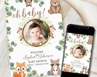 Woodland Baby Shower Invitation, Photo Invitation, EDITABLE Gender Neutral Woodland animals invitations, Woodland Theme Invites Template
