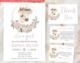 Girl Baby Shower Invitation Template bundle, Girl Baby Clothes Shower Invite, Boho Baby Shower Invitation, Baby Clothes Shower