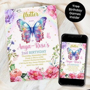 Butterfly birthday invitation, Editable Flutter Girl Birthday invitation, purple butterfly party invite-instant download