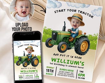 Start Your Tractor 1st Birthday Invitation With Photo Personalables Farm Tractor Busy Truck