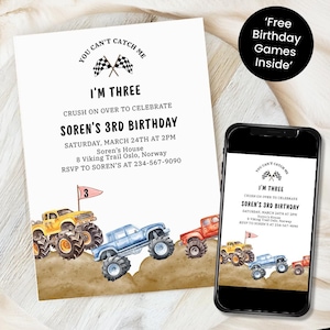 May include: A birthday party invitation with a monster truck theme. The invitation features a watercolor illustration of monster trucks driving on a dirt track. The text on the invitation reads "You can't catch me, I'm three. Crush on over to celebrate Soren's 3rd Birthday. Saturday, March 24th at 2pm. Soren's House, 8 Viking Trail Oslo, Norway. RSVP to Soren's at 234-567-9090."