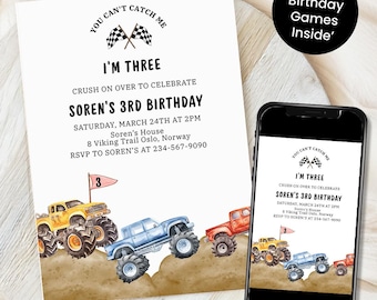 Könnte beinhalten: Eine Geburtstagseinladung mit Monstertruck-Thema. Die Einladung zeigt eine Aquarell-Illustration von Monstertrucks, die auf einer Dirt-Strecke fahren. Der Text auf der Einladung lautet: "You can't catch me, I'm three. Crush on over to celebrate Soren's 3rd Birthday. Saturday, March 24th at 2pm. Soren's House, 8 Viking Trail Oslo, Norway. RSVP to Soren's at 234-567-9090."