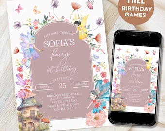 Fairy First Birthday Invitation Girl, Boho Arch Fairy 1st Birthday Invite Template, Garden, Enchanted Garden Fairy Invitation Birthday Girl