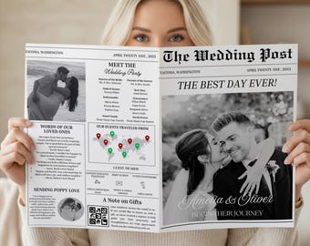 Zeitung Hochzeit Programm Vorlage, Bearbeitbar Doppelseitig Infografik Newsletter Canva Bearbeiten
