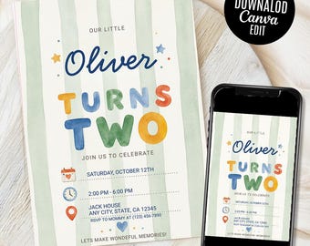Retro Blue Stripes Second Birthday Invitation, Colorful Pastel Birthday Invite, Striped Second Party, Editable template(Digital Download)