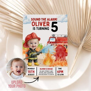 May include: A birthday invitation with a watercolour illustration of a child dressed as a firefighter, spraying water from a hose. The invitation includes the text "SOUND THE ALARM! OLIVER IS TURNING 5" and party details.