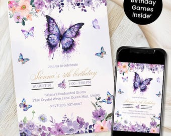 Faire-part d'anniversaire papillon Invitation papillon arc-en-ciel Papillon floral lunatique Jardin de papillons floral Téléchargement instantané fichier modifiable