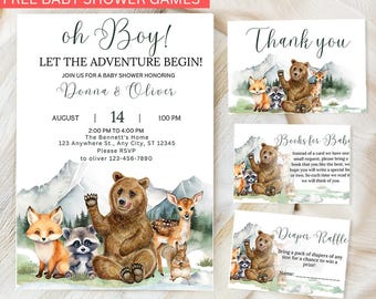 Winter woodland baby shower Invitation Bundle Baby it's cold outside Forest animals Winter snowflake Botanical greenery Editable Printable